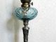 Antique French Brass Marble Column Spelter Footed Aqua Blown Glass Res.  Oil Lamp Lamps photo 5
