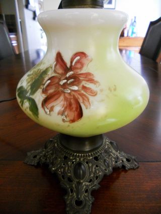 Antique Or Vintage Handpainted Floral Milk Glass Cast Iron Base Parlor Lamp photo