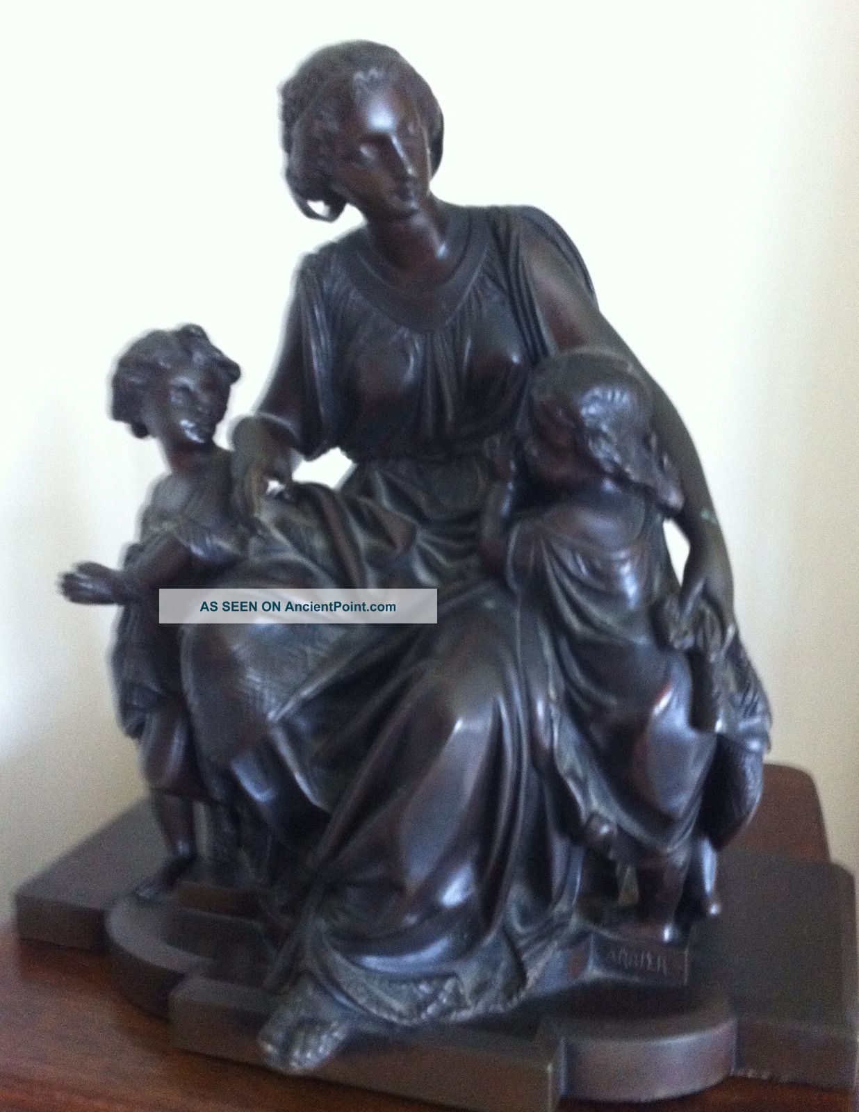 Antique Bronze Sculpture Anna Carrier Of Classical Woman & Children Signed Art Nouveau photo