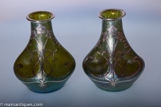 A Pair Of Loetz Blue - Green Papillon Vases With Applied Silver Decor,  Circa 1905 photo
