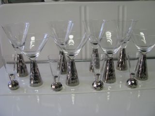 Mid Century Martini & Shot Glasses Bold Arts & Crafts Stl Silver Plate Base 12pc photo