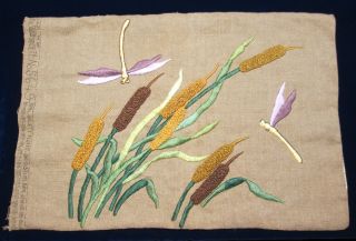 Stunning Arts & Crafts Embroidered Cattails & Dragon Flies Pillow Case Unused photo