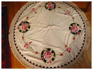 Unique Arts & Crafts Silk Embroidered Circular Table Linen 48 