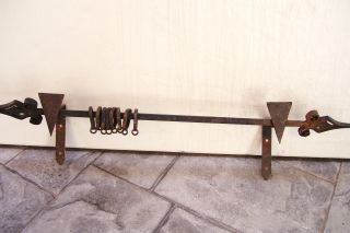 Antique Early Arts & Crafts Craftsman Iron Curtain Rod Hammered Rings Brackets photo