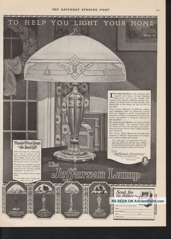 1923 Jefferson Electric Lamp Home Decor Appliance Ad Arts & Crafts Movement photo