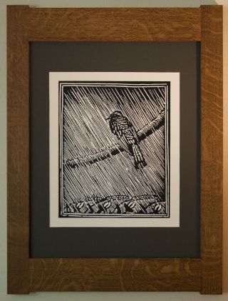 Mission Style Bungalow Quartersawn Oak Arts & Crafts Framed Print - Bird In Rain photo