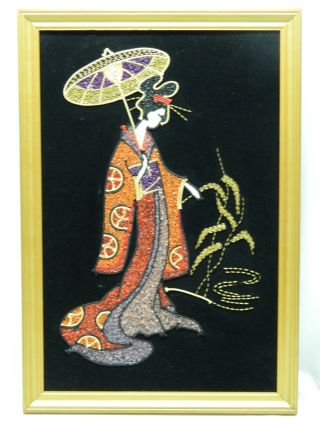 1965 Black Velvet Picturesque Mosaic Geisha Girl W/ Antique Gold Frame 13 X 19 photo
