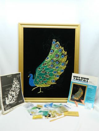 1965 Black Velvet Picturesque Mosaic Proud Peacock W/ Antique Gold Frame 20 X 26 photo