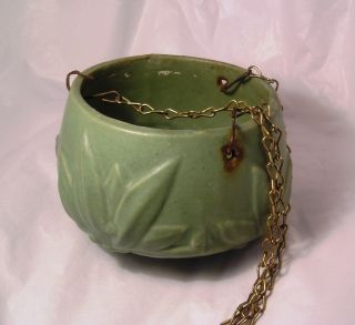 Vintage Matte Green Art Pottery Hanging Basket A32 photo