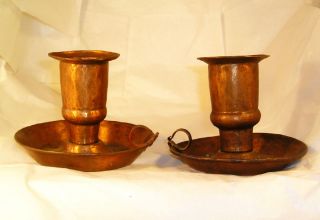 Vintage Great Pair Hammered Copper Old Candle Stands D6 photo