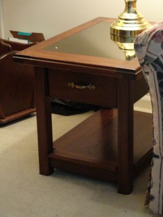 Pair Of Walnut & Mirror Arts & Crafts Style End Tables photo