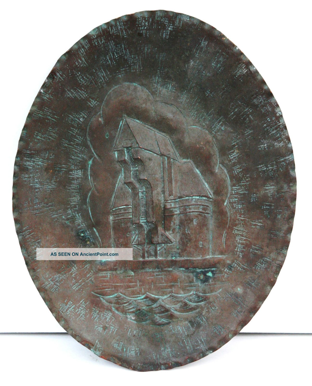 Circa 1910 Mission / Arts & Crafts Hand Tooled Copper Plaque,  Castle Scene Metalware photo
