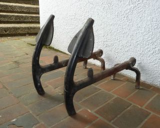 1920s - 1930s Vintage Anchor Shaped Arts & Crafts Period Solid Cast Iron Andirons photo