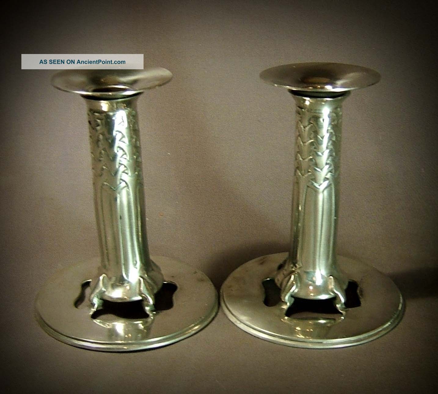 Stunning Pair Of Archibald Knox Designed Tudric Pewter Candle Sticks For Liberty Arts & Crafts Movement photo