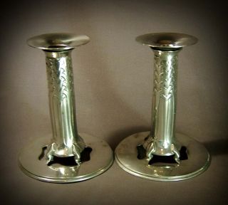 Stunning Pair Of Archibald Knox Designed Tudric Pewter Candle Sticks For Liberty photo