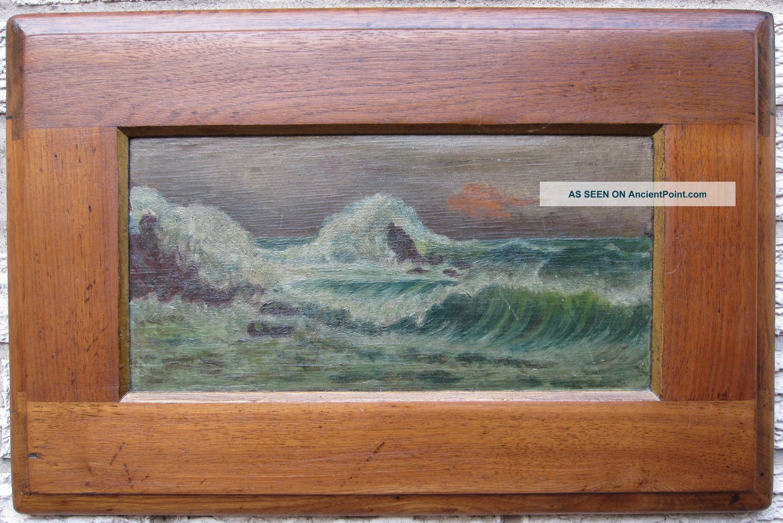 Antique American Seascape Waves Oil On Wood Board Special Frame Fine Painting Arts & Crafts Movement photo