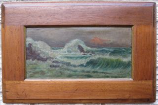 Antique American Seascape Waves Oil On Wood Board Special Frame Fine Painting photo