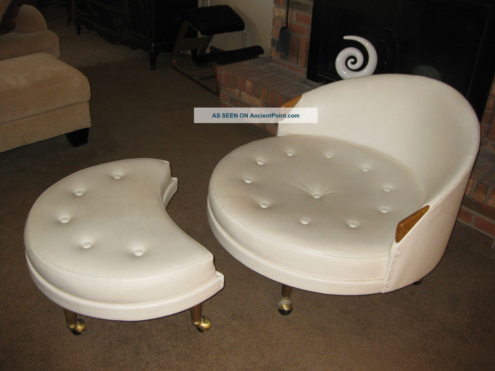 Vintage White Round Vinyl Tufted Chair Ottoman Retro Eames Era Mid Century