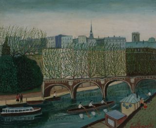 Modernist French Naive Impressionist Painting - J.  Busquets /1950 ' S Eames Era - Paris photo