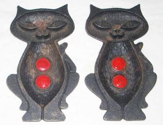 Pair Of Vintage Mid Century Modern Japanese Cast Iron & Copper Enamel Cat Trays photo
