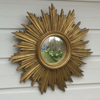 Vintage Antique French Expo 58 Convex Sunburst Starburst Gold Gild Wall Mirror photo