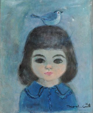 Mid Century Fresco On Plaster Painting Girl With Bird - Cute Like Yoshitomo Nara photo