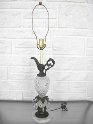 Vintage Old Cast Brass Crystal Glass Ewer Prism Marble Table Lamp photo