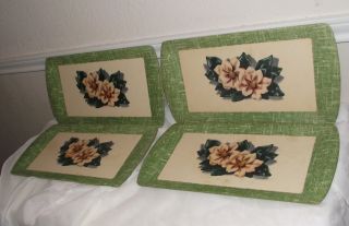 Mid Century4 Kentley Deluxe Buffet Trays Green Edge With Center Magnolia Flower photo