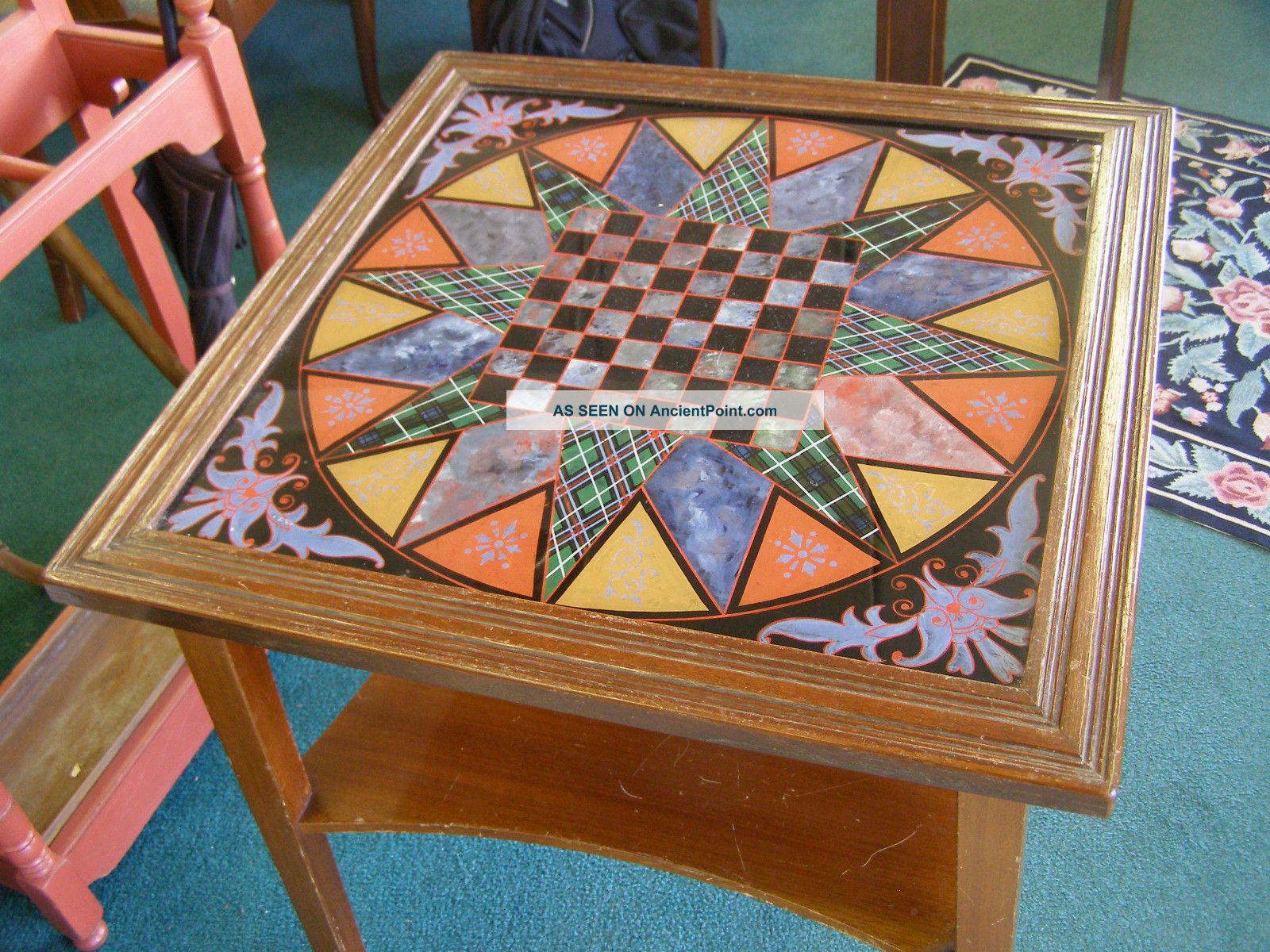 Mid - Century Modern Reverse Painted Glass Encased Top Game Table Wood Legs & Base Mid-Century Modernism photo