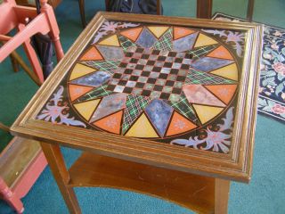 Mid - Century Modern Reverse Painted Glass Encased Top Game Table Wood Legs & Base photo