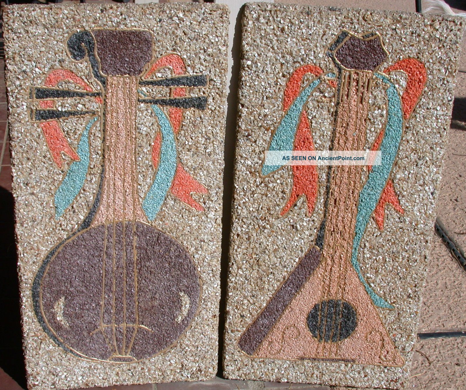 Vintage Gravel Art Wall Hangings - - Lute And Mandolin Musical Instruments Mid-Century Modernism photo