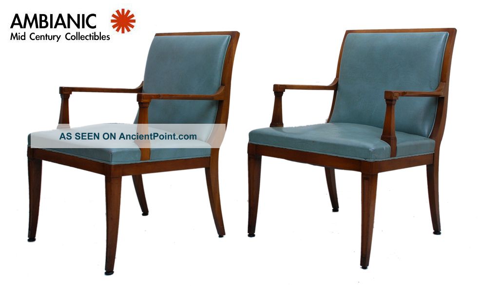 Hollywood Regency Stow & Davis Blue Leather And Solid Walnut Wood Arm Chairs Mid-Century Modernism photo