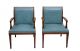 Hollywood Regency Stow & Davis Blue Leather And Solid Walnut Wood Arm Chairs Mid-Century Modernism photo 6