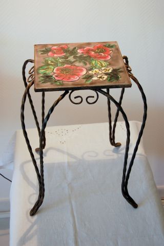 French Provence 1950 Era Wrought Iron And Ceramics Plant Stand Table photo