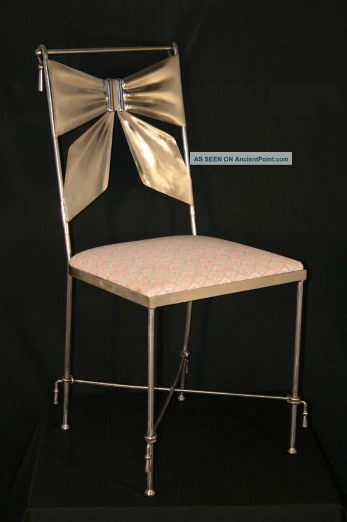 Vtg Mid Century Modern Heavy Italian Metal Ribbon Bow & Tassel Side Chair Chrome Post-1950 photo