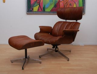 Mid Century Modern Lounge Chair Matching Ottoman Walnut Leather Eames Era photo