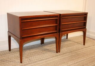 Pair Lane Mid Century Modern Sculpted Walnut End Tables Nightstands Danish Style photo