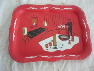 Vintage Mid Century Modern Danish Tin Fondue Tray Red Retro Party photo