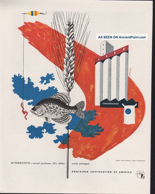 1947 John Atherton Artist Minnesota Crappie Wheat Silo Abstract Art Print Ad Mid-Century Modernism photo