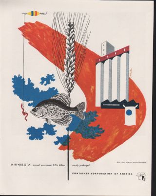 1947 John Atherton Artist Minnesota Crappie Wheat Silo Abstract Art Print Ad photo
