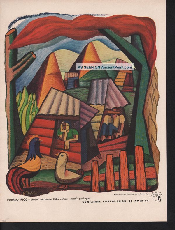 1950 Narciso Dobal Puerto Rico Rooster Village Hut Farm Abstract Art Print Ad Mid-Century Modernism photo