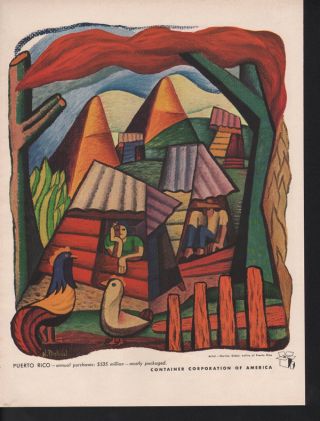 1950 Narciso Dobal Puerto Rico Rooster Village Hut Farm Abstract Art Print Ad photo