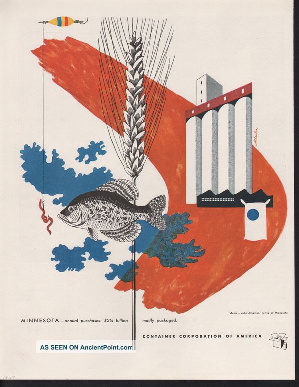1947john Atherton Artist Minnesota Crappie Wheat Silo Fish Abstract Art Print Ad Mid-Century Modernism photo