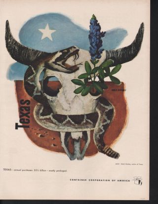 1949 Mack Stanly Texas Artist Rattlesnake Cow Skull Flower Abstract Art Print Ad photo