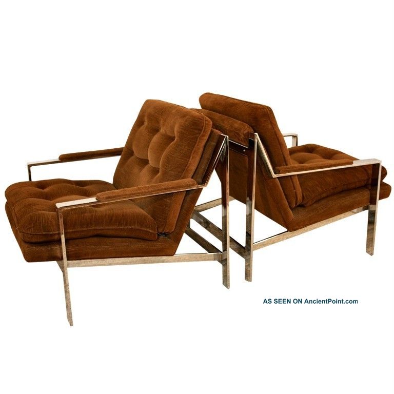 Pair Mid Century Modern Chrome Milo Baughman Thayer Coggin Flat Bar Lounge Chair Post-1950 photo