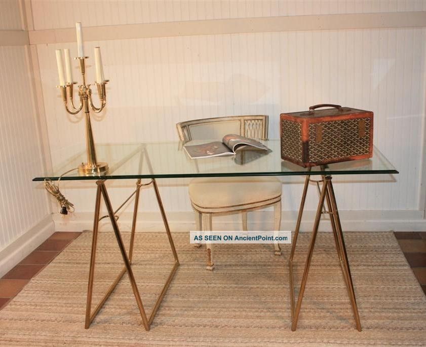 Mid Century Modern Brass Plated Glass Top Sawhorse Desk Table