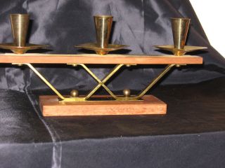 Danish Modern Style Candle Holder Wood And Brass Mid Century Modern Vgc Label photo