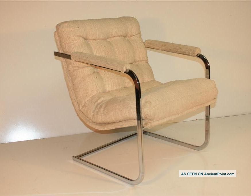 Mid Century Modern Chrome Tufted Cantilever Arm Chair Milo Baughman Coggin Era Post-1950 photo