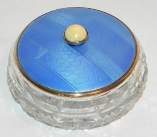 Vintage Art Deco Silver Fine Blue Guilloche Enamel Compact Powder Bowl & Mirror photo