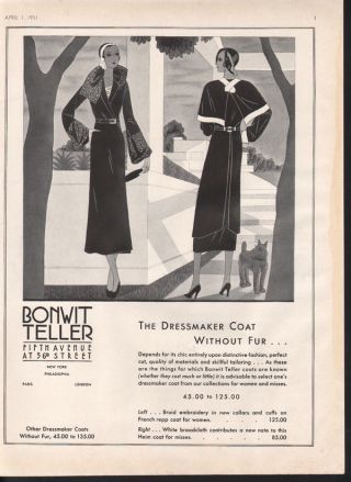1931 Bonwit Teller Dressmaker Coat Fashion Dog Art Tailor Style Design Heim Ad photo